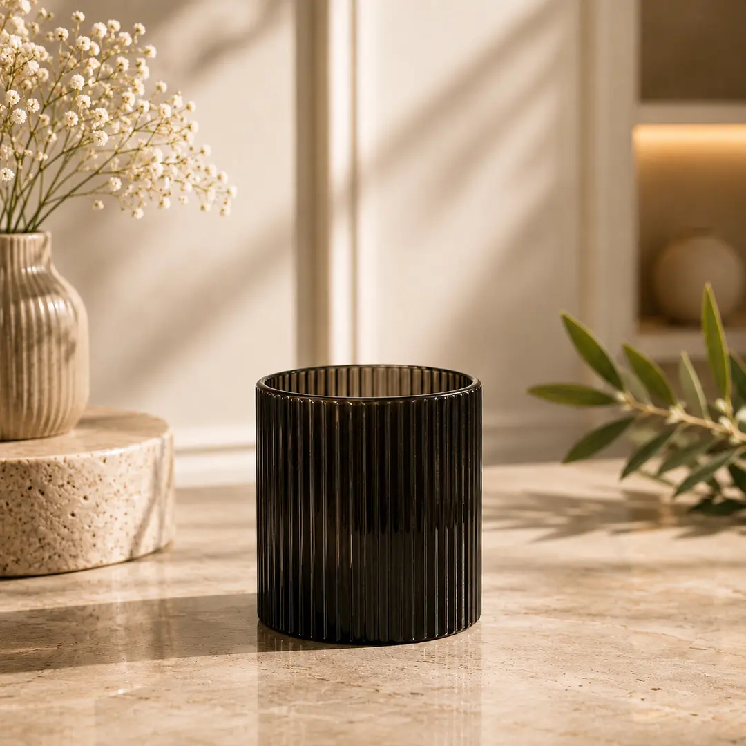 Black Ribbed Glass Candle Holder