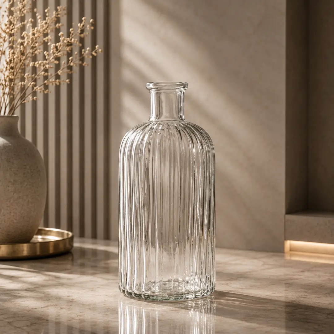 Clear Ribbed Glass Bottle Vase