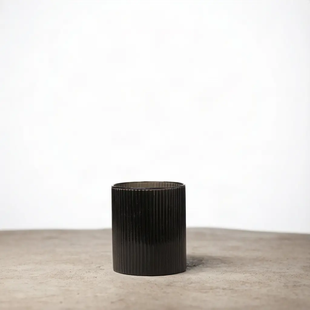 Black Ribbed Glass Candle Holder