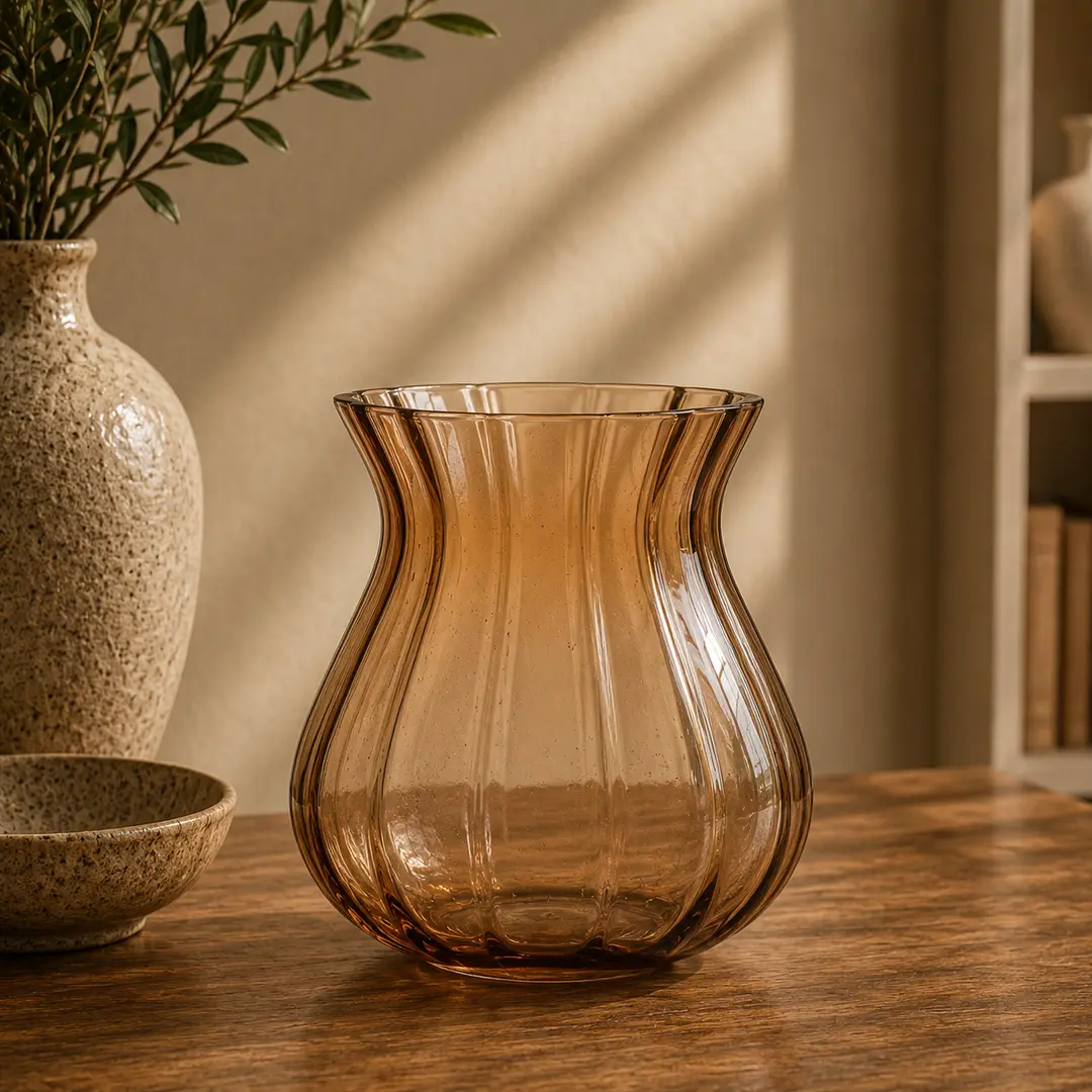 Amber Fluted Buld Glass Vase