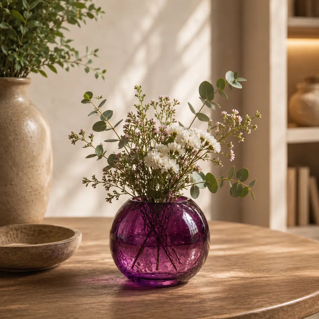 Amethyst Crackle Glass Round Vase